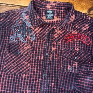 MMA Elite Button Down Shirt Mens XXL Red Plaid Bleached Graphic 666 Evil Anarchy